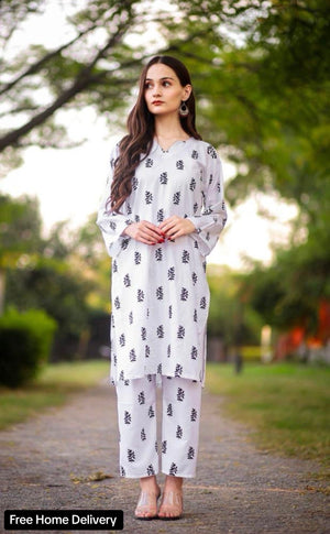 2 Pcs Women's Stitched Linen Printed Suit