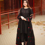 3 Pcs Women Stitched Katan Silk Embroidered Gown Suit